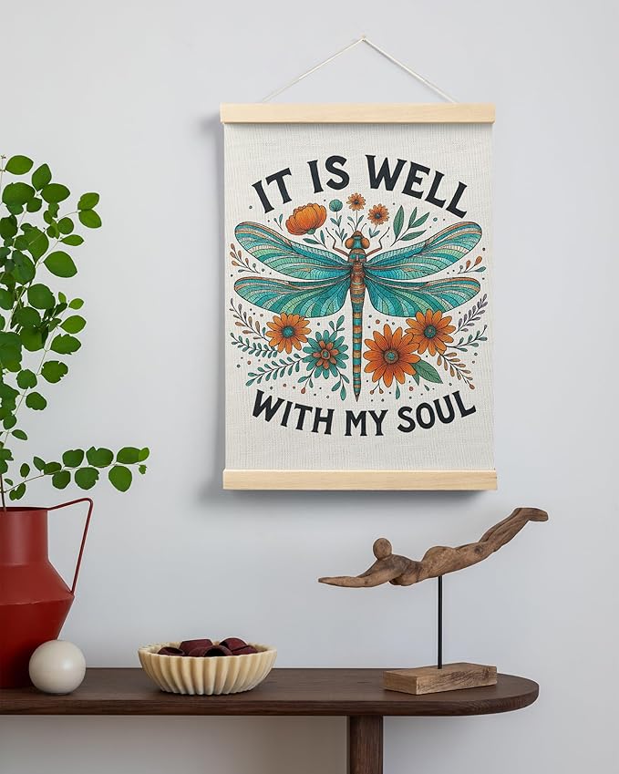 FGFK Floral Dragonfly Christian Wall Art Poster Hanger Frame, It Is Well with My Soul Bible Verse Religious Canvas Prints Framed Wall Decor for Home Bedroom Office Church, 12x16 Inch