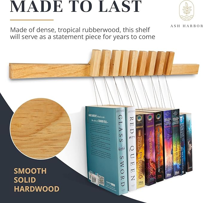 Ash Harbor Floating Wall Bookshelf - Wall Mounted Book Organizer with Included Bookmarks - Hardwood Hanging Bookshelf for Bedroom, Living Room, or Kitchen - A Thoughtful Gift for Book Lovers (Natural)