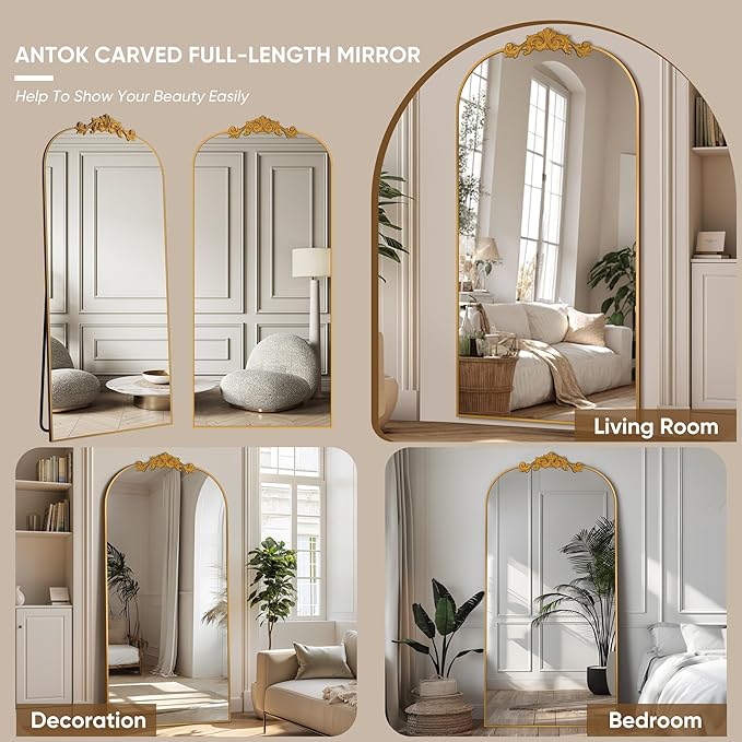 Antok Arched Full Length Mirror, 71"x28" Floor Mirror with Carved, Full Body Mirrors for HomeDecor, Standing/Halling Large Wall Mirror for Bedroom, Living Room, Cloakroom, Gold, Retro Style