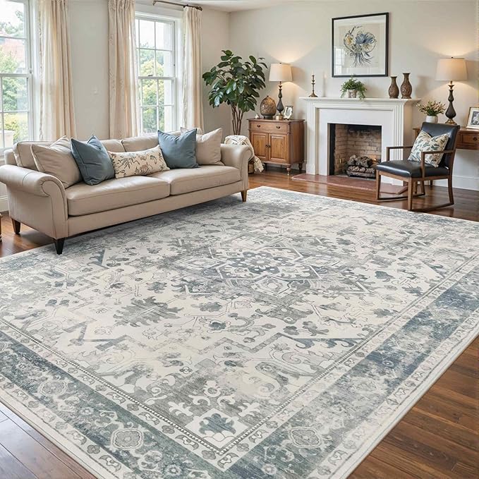 Rugxara 8x10 Washable Area Rug for Living Room, Extra Large Neutral Vintage Boho Rugs for Office, Kids Room, Farmhouse, Durable Low Pile Non Slip Carpet for High Traffic Areas, Light Blue Grey