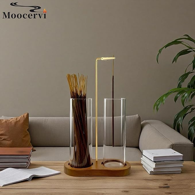 Incense Holder,2 in 1 Incense Sticks Burner Holder with Storage,Hang Upside Down Incense Holder for Sticks with Glass Ash Catcher for Meditation Yoga Spa Room Decor (Brown)