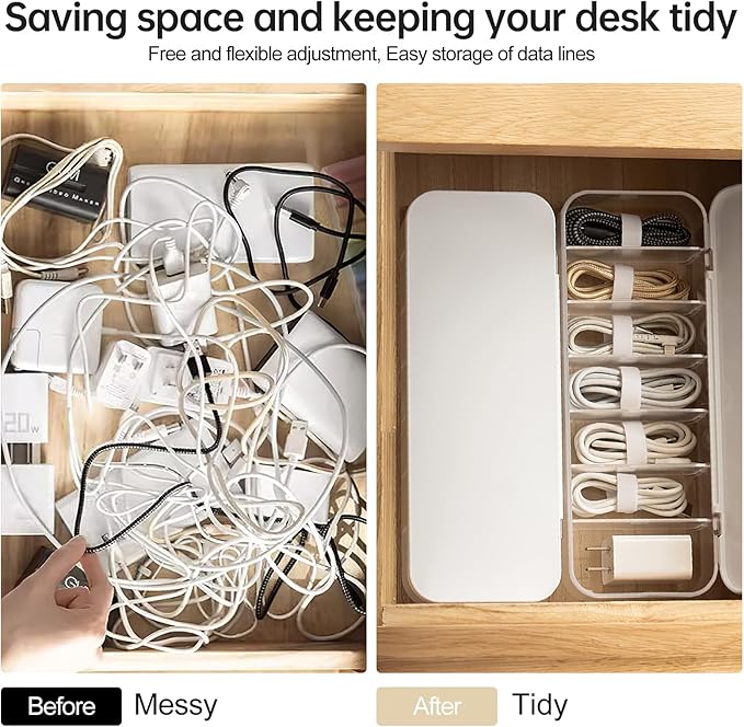 PAVSTINE 2 Pcs Cable Organizer Storage Box with 14 Wire Ties,Desktop Cable Management Box with Lid,Power Cord Organizer for Office,Home,Desk Accessories Storage Stationery Supplies White