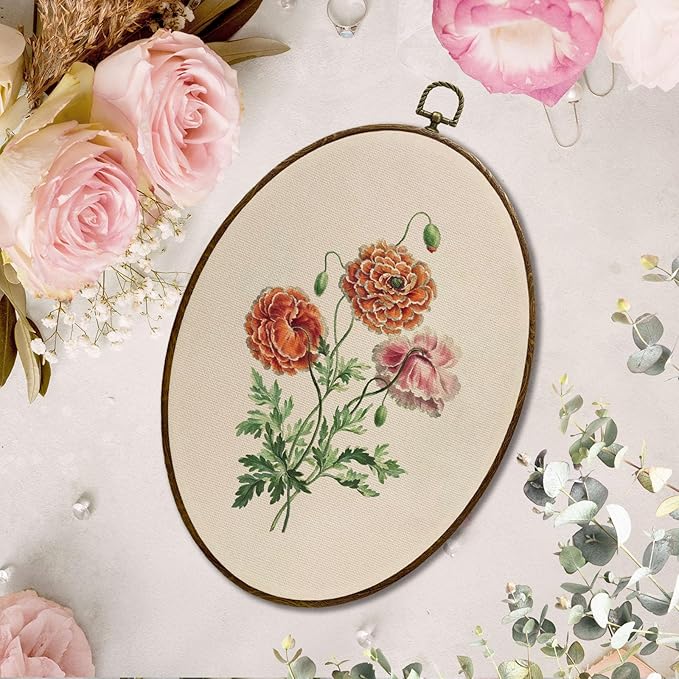 JQF Vintage Red Dwarf Double Poppy Floral Oval Wall Decor, Rustic Farmhouse Oval Canvas Wall Art, Neutral Antique Flower Framed Prints Hanging Decor for Home Bedroom Living Room, 8.5x11.5 Inch