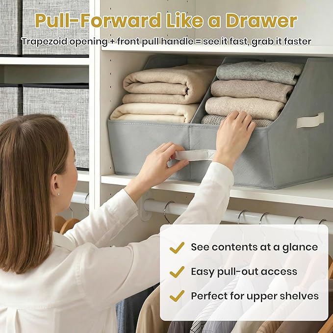 Closet Organizers And Storage - EXTRA LOAD & HEIGHT FOR DEEP Trapezoid Storage Bin W/ Handles & Adjustable Dividers, Collapsible Storage Bins For Clothes Storage & Shelf Organizer (2pcs, L, LightGray)