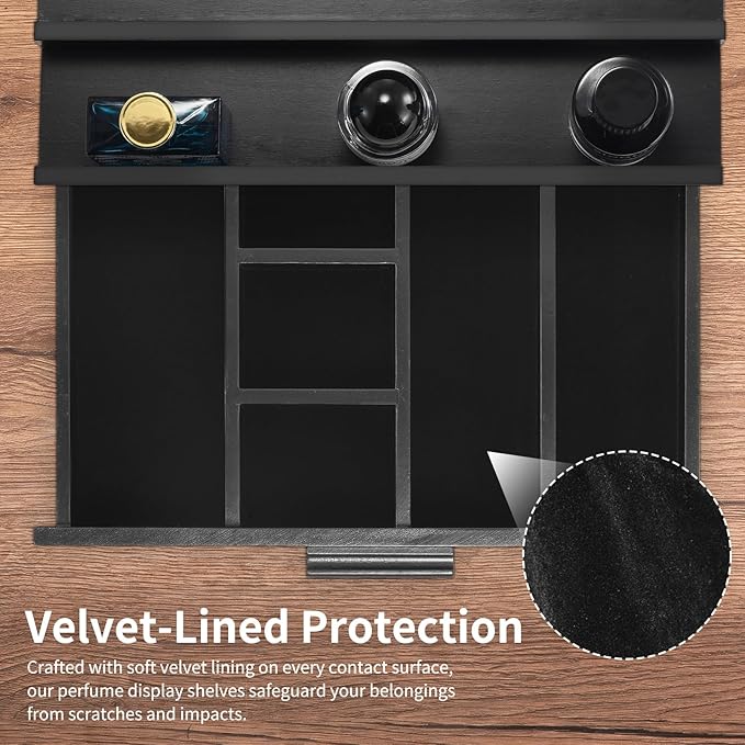 Perfume Organizer for Men, 3 Tier Wood Perfume Display Stand with Velvet Lining Drawer and Hidden Compartment for Watch,Jewelry,Perfume Display Risers,A Gift for Men (Black)