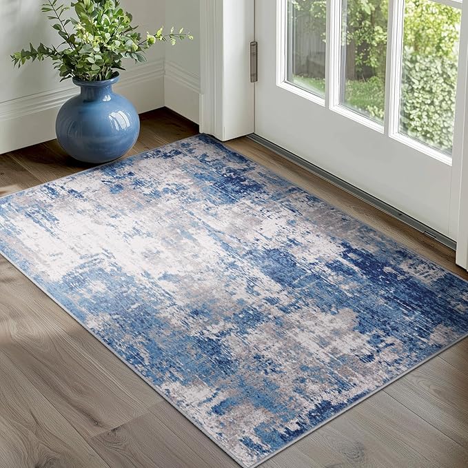 RELEANY Washable Area Rugs 4'x5' Non-Slip Modern Abstract Soft for Living Room Entryway Bedroom Nursery, Print Pattern, Blue Grey Navy Gray