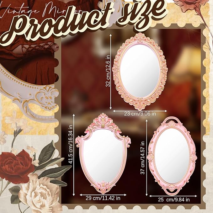 Beeveer 3 Style Vintage Mirrors Set Decorative Oval Wall Mirror Small Antique Mirrored Tray Decorative Hanging Mirror for Bathroom Bedroom Jewelry Organizer Victorian Decor (Shield,Pink)