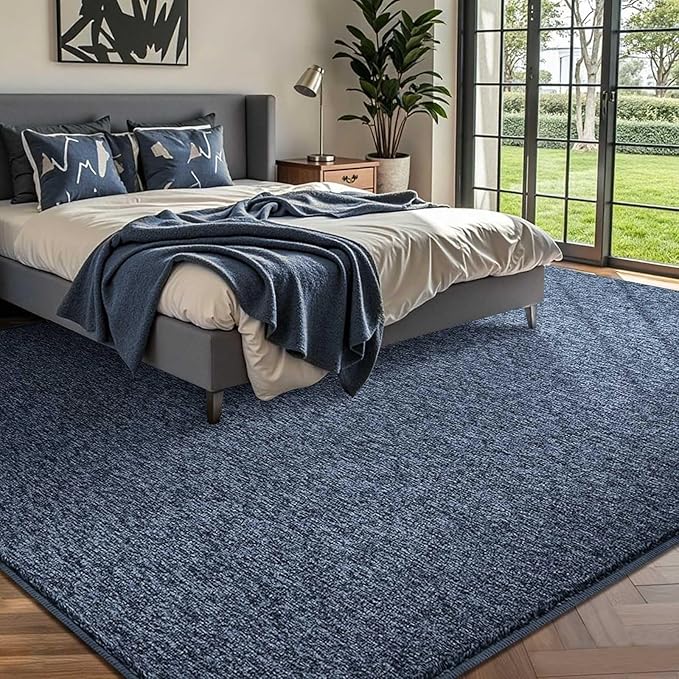 FinRèc 8x10 Washable Area Rugs for Bedroom Living Room, Low Pile Thin Rug Solid Color, Non-Slip Carpet Indoor for Home Decor (Navy Blue/White)