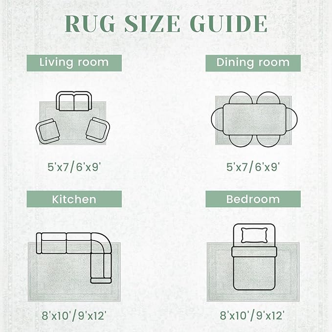 6x9 Area Rugs for Living Room: Washable Vintage Floral Rug Low Pile Non-Slip Boho Carpet for Nursery Bedroom Dining Room (Green, 6'x9')