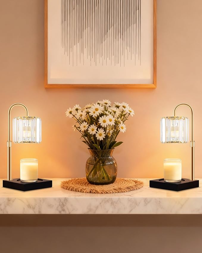 2 Pack Candle Warmer Lamp, Wax Warmer Candle Lamp Timer & Dimmer 7-Levels, Compatible Most Jar Candles, Top Melting, Cystal Candle Heater Lamp for Scented Wax, Elegant Home Decoration, Black