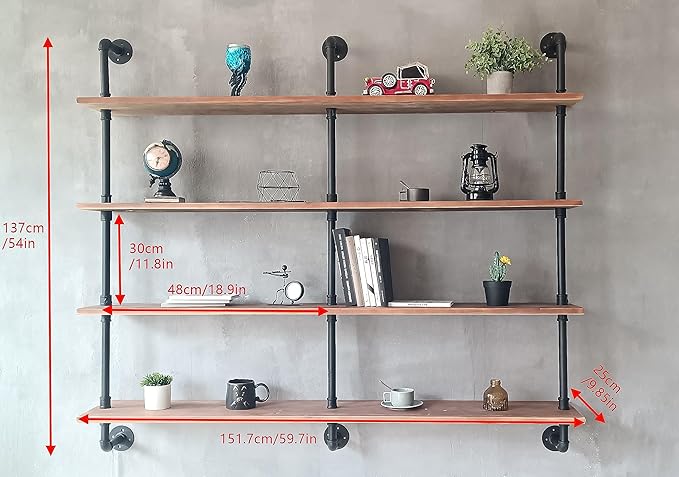 HDDFER Floating Shelves for Wall Bookshelf Industrial Pipe Shelving Shelves 60 Inch Natural Wood Planks Rustic Wall Shelves Hanging Bookshelves Farmhouse Kitchen Shelving