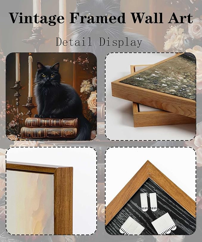 Framed Dark Academia Moody Wall Art Victorian Black Cat Wildflower Book Floral Wall Decor Picture Gothic Vintage Antique Aesthetics Poster Prints for Gallery Library Bookstore Decoration 12x16in