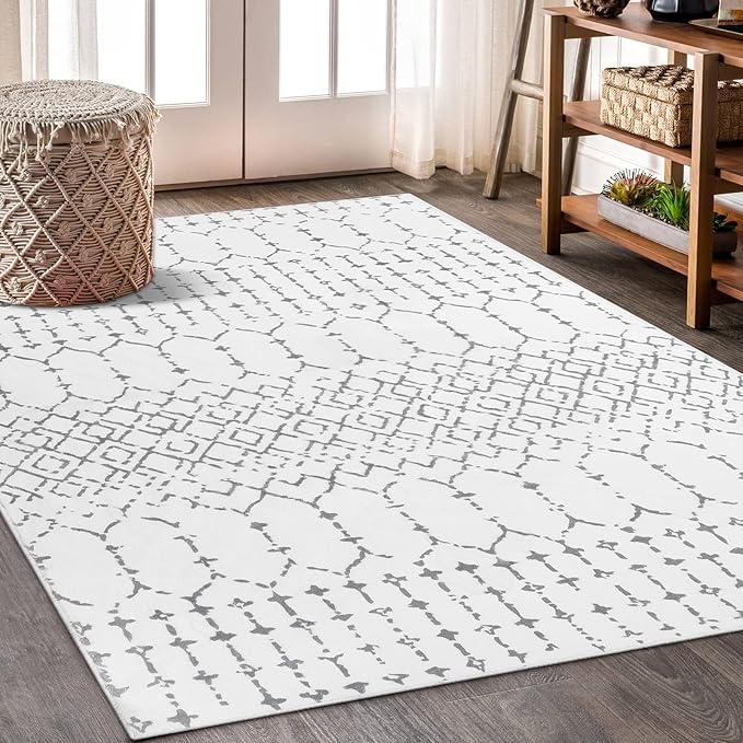 Lahome Moroccan Washable Living Room Rug 3x5 Area Rugs for Bedroom Throw Non-Slip Low-Pile Entryway Rug Bathroom Rugs Soft White Distressed Indoor Capet for Office Kitchen Laundry Dining Room Hana
