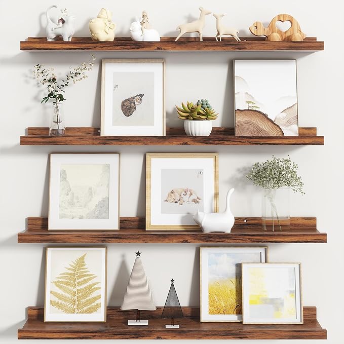 Fun Memories Picture Ledge Shelf, Floating Shelves Set of 4, 32 Inch Picture Shelves for Wall with Ledge, Large Nursery Book Shelf for Toys Storage, Living Room, Bedroom Decor Frames, Rustic Brown