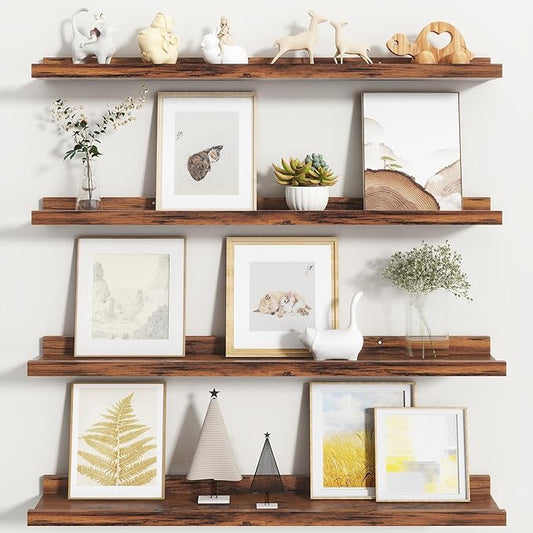 Fun Memories Picture Ledge Shelf, Floating Shelves Set of 4, 32 Inch Picture Shelves for Wall with Ledge, Large Nursery Book Shelf for Toys Storage, Living Room, Bedroom Decor Frames, Rustic Brown