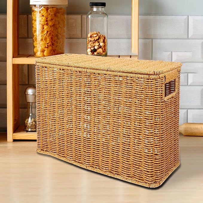 Woven Storage Basket with Lid and Handle 14.96X10.62X5.90In Portable Sundries Organizer for Toys Magazines Kitchen Storage and Home D Cor
