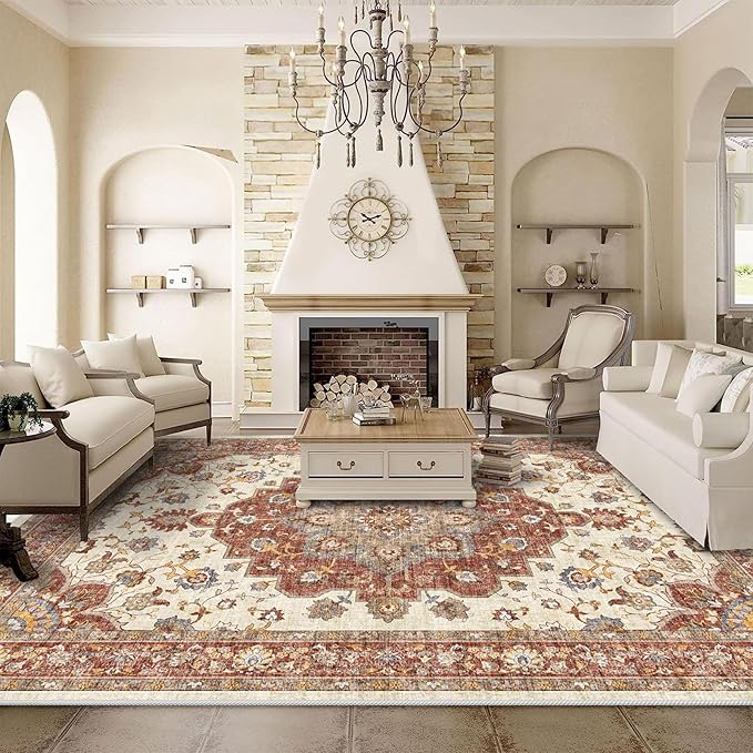 TOPRUUG Washable Oriental Area Rug - 9x12 Rugs for Living Room Soft Carpet for Bedroom Waterproof Floral Distressed Indoor Stain Resistant Non-Shedding Floor Carpets (Red, 9x12)