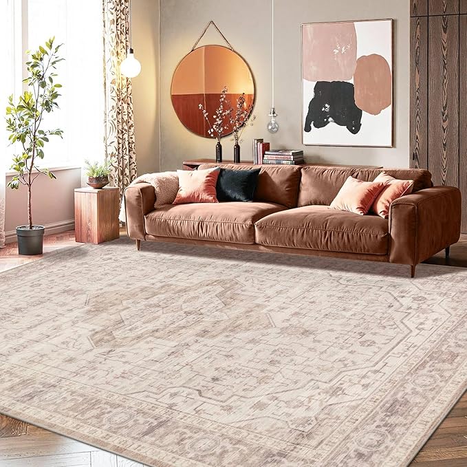 8x10 Washable Area Rug for Living Room & Bedroom, Extra Lager Soft Pink Rugs for Girls Women, Non Slip, Durable Low Pile Carpet, Vintage Carpets for Office, Dining Room, Farmhouse and Kids Room