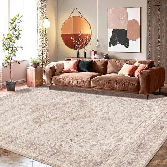8x10 Washable Area Rug for Living Room & Bedroom, Extra Lager Soft Pink Rugs for Girls Women, Non Slip, Durable Low Pile Carpet, Vintage Carpets for Office, Dining Room, Farmhouse and Kids Room