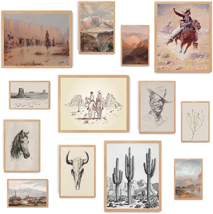 KBKBART Vintage Western Wall Art Prints, Farmhouse Western Cowboy Canvas Pictures, Southwestern Boho Ranch Desert Wall Decor Aesthetic for Bedroom, Bathroom Decor, Southwest Prints for Home (Unframed- Set of 13)