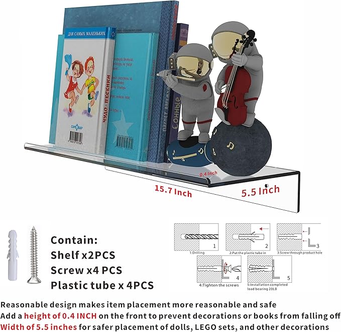 Clear Acrylic Floating Shelves Set of 2 for Lego Sets Funko Pop Collectibles Kids Bookshelf Figures Plant Picture Photo Modern Wall Ledge Floating Shelf for Bedroom Decor Living Room Wall Shelf