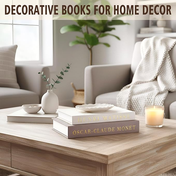 Decorative Books for Home Decor,Coffee Table Decor with Linen White Books Stack Bookshelf, Fake Book Double as Libros Decorativos and Photo Storage (3 Piece Set with Tray)