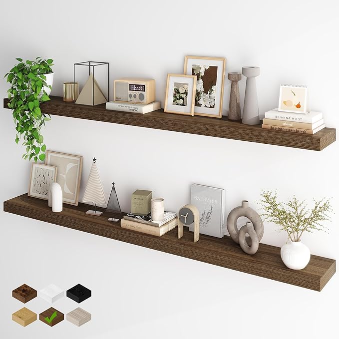 Fun Memories 66 Inch Fireplace Mantel - Long Floating Shelf, Wall Mounted Farmhouse Display with Invisible Heavy Duty Metal Bracket, Walnut, 2 Pack