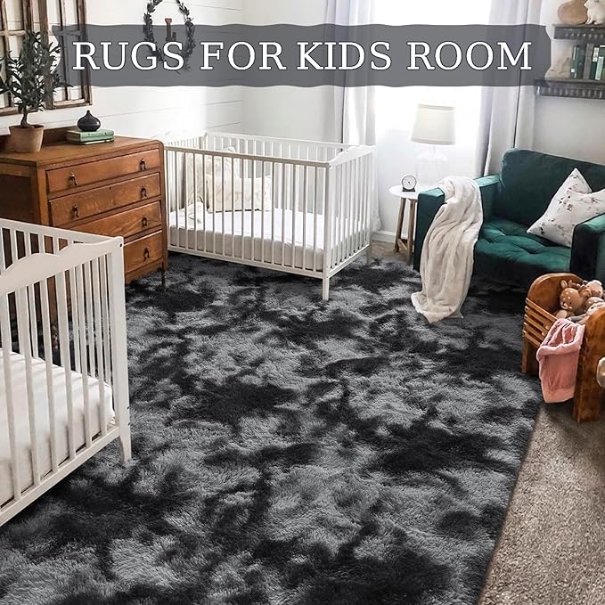 BENRON Fluffy Rugs for Living Room 5x8 Tie-dye Black, Washable Large Area Rugs for Bedroom Dining Table Office Kids Nursery Room, Washable Indoor Floor Carpets