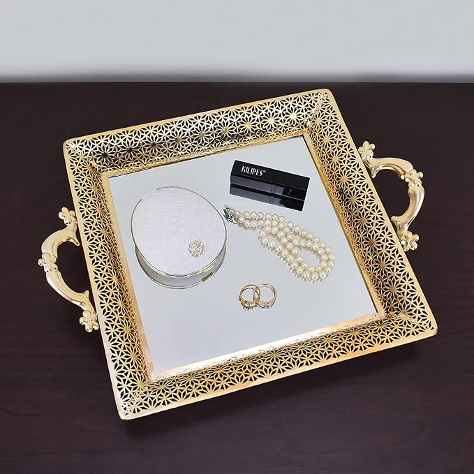 Mirrored Tray with Handles Home Decor Vanity Tray for Dresser Make Up Jewelry Organizer Perfume Decorative Serving Glass Mirror Gold
