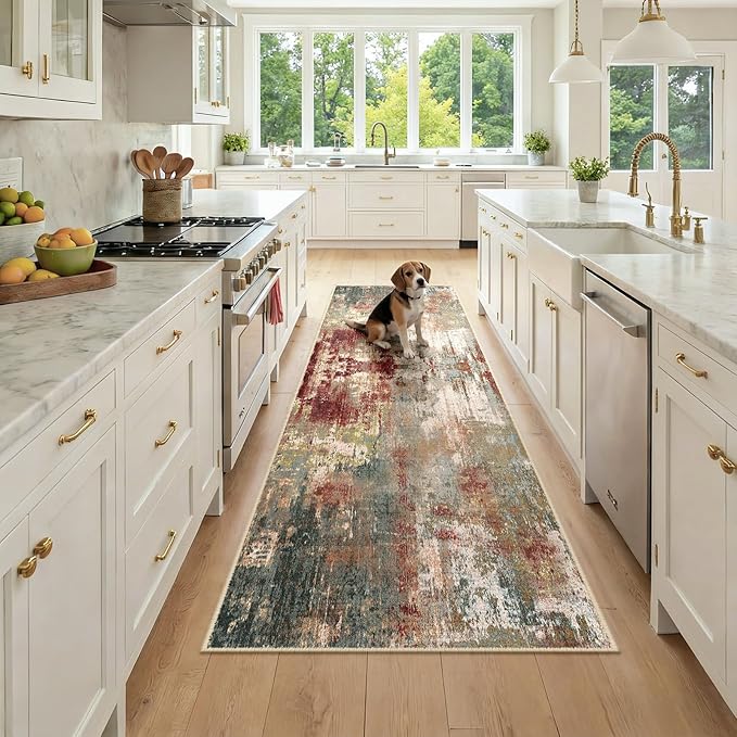 RELEANY Washable Area Rugs 2'6"x8 Non-Slip Modern Abstract Soft for Living Room Entryway Bedroom Nursery, Print Pattern, Brown Rust Red Green Blue Multi