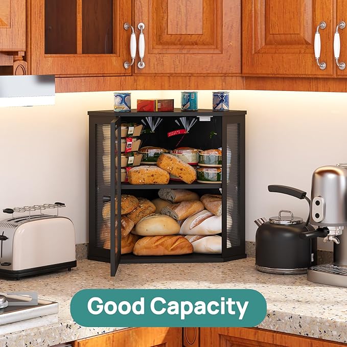 viewcare Corner Bread Box for Kitchen Counter, Bamboo Wood Large Capacity Bread Storage Bin with Acrylic Wavy Door Panel (Black, Extra Large)