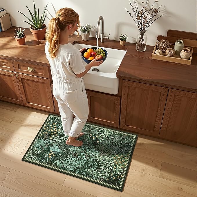 GarveeHome 2x3 Entryway Area Rug Non Slip Front Door Forest Rugs, Washable Indoor Kitchen Floor Mat Soft Low-Pile Stain Resistance Woodland Rug for Farmhouse Bedroom, Green
