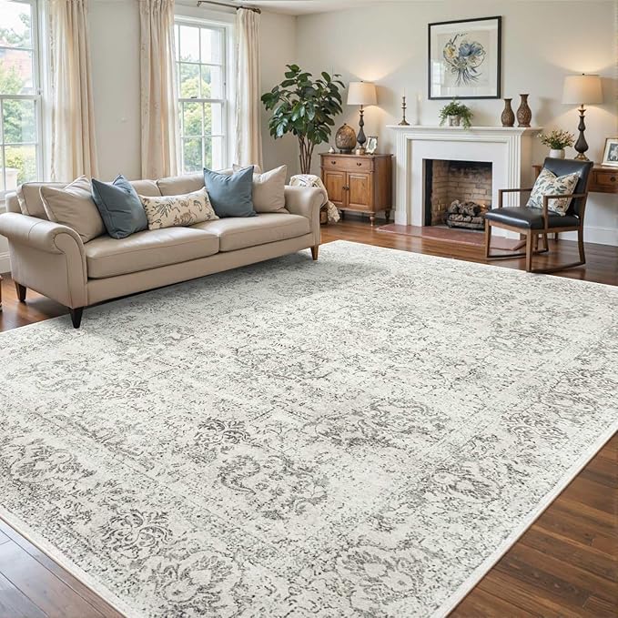 9x12 Extra Large Washable Area Rug, Soft Neutral Vintage Boho Rug for Living Room, Bedroom, Office, Farmhouse, Low Pile Imitation Wool Non Slip Carpet Ideal for High-Traffic Areas, Light Grey