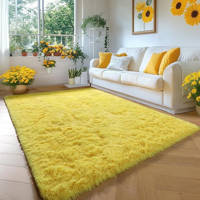 Amdrebio Yellow Area Rug for Bedroom Living Room, 5x7 Fluffy Fuzzy Plush Rugs for Kids Room Decor Aesthetic, Cute Furry Shag Kawaii Carpet for Playroom Classroom Nursery Teen Girls Boys Baby Toddler