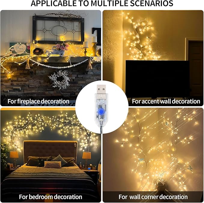 FNHMSL Enchanted Willow Vine Lights, 7.55FT 144LED 2 PCS White Tree Branch Lights for Wall, Remote Timer,8 Light Model,Bedroom Wall Doors Wedding, Christmas, USB Battery Box