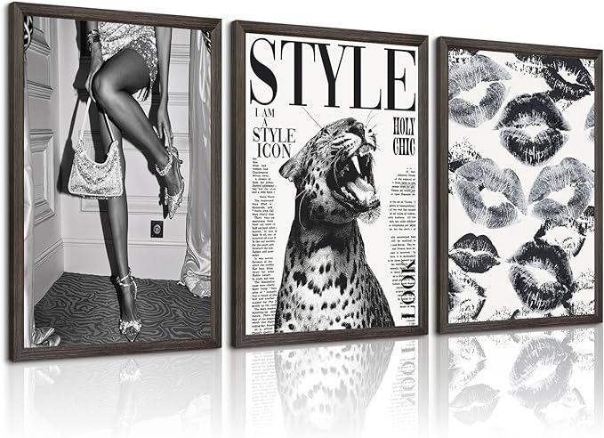 Trendy Leopard Wall Art Black and White Cheetah Canvas Wall Decor Fashion Preppy Room Poster Vintage Y2k Aesthetic Prints Funky Heels Lips Pictures Artwork for Girl Bedroom 16x24x3 Inch Wood Framed