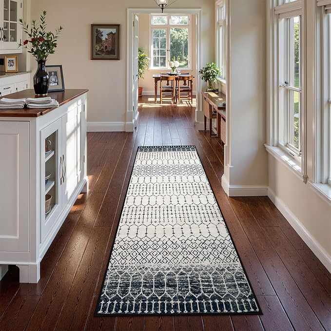 Lahome Moroccan Washable Runner Rug 2x6, Black Stain Resistant Non-Slip Kitchen Rug Runner, Ultra-Thin Geometric Print Distressed Floor Carpet for Entryway Laundry Bedroom Hana