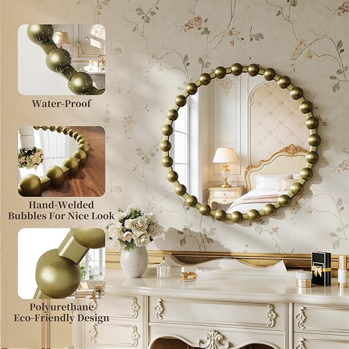 Round Vintage Vanity Mirror, 28 Inch Beaded Frame Circle Wall Mirror for Bathroom, Bedroom Dresser, Entryway, Living Room, Decorative Hanging Wall Mirror, Bronze