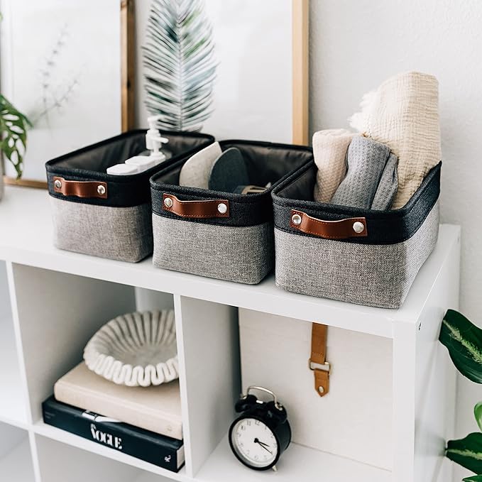 OrganiHaus Small Fabric Storage Baskets 3 Pack, 12x8in Cloth Storage Bins for Shelves, Small Baskets for Organizing Pantry Closet, Canvas Shelf Baskets, Gray/Black