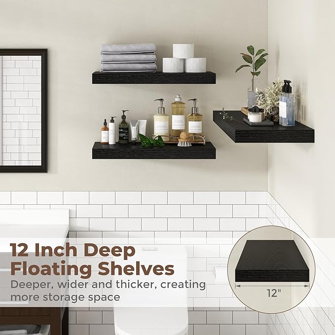 Fun Memories 32 Inch Black Floating Shelves for Wall, 12 Inch Deep Shelves for Bathroom|Kitchen|Bedroom, Wall Mounted Rustic Wood Floating Shelf with Invisible Brackets for Books|Storage|Decor, 2 Pack