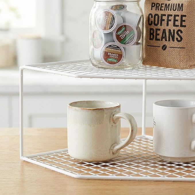 Beavorty 2-Tier Corner Storage Shelf Cabinet Organizer Corner Stand Rack Countertop Shelf Storage for Dishes and Plates Kitchen Cabinet Pantry Cosmetics Makeup Organization 12cm White