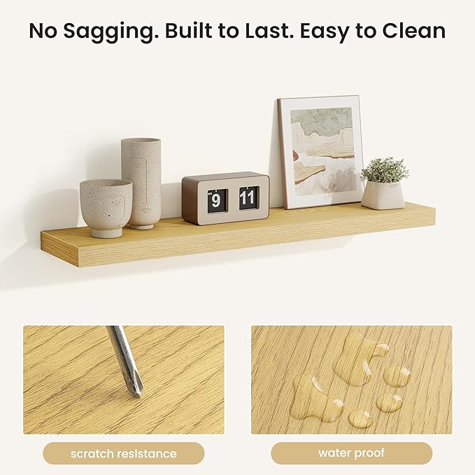 Fun Memories Rustic Wood Floating Shelves for Wall, Space-Saving Wall Mounted Shelves for Bathroom, Bedroom, Living Room and Kitchen, Stylish Storage & Display (Set of 2, Oak, 36 in)
