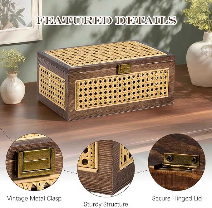 2PCS Rattan Storage Boxes Decorative Handmade Natural Wood Baskets with Lid Wooden Frame Boho Rustic Wicker Box Woven Cane Bins Shelf Closet Organizer Container (Walnut, 1 Large 1 Small)