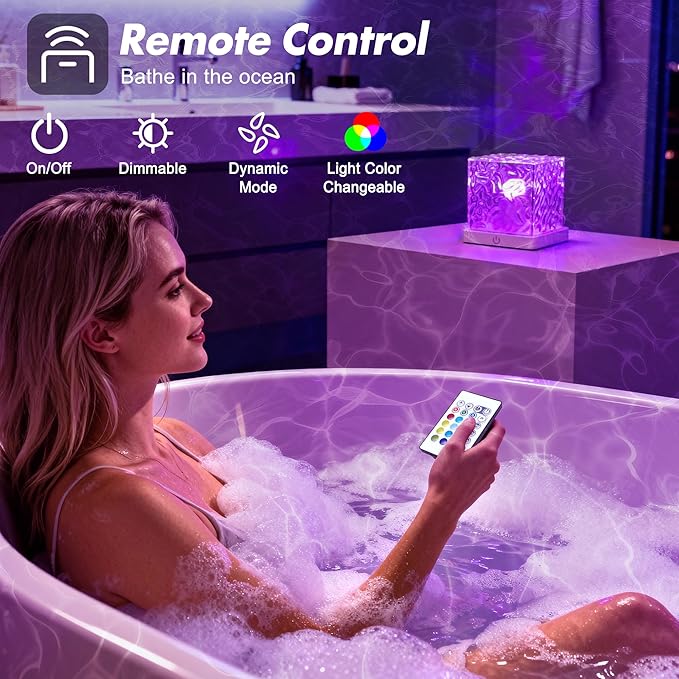 Rechargeable Shower Light No Wiring, 16 Color Changeable Ocean Wave Projector Light, Dimmable Waterproof Shower Lamp with Remote, Rotating Flame Water Ripple Lamp for Shower, Bathroom, Bedroom Decor