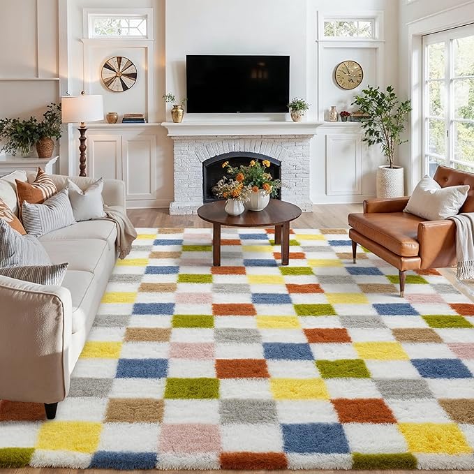 PureCozy Checkered Rug 6x9 for Living Room, Colorful Modern Shag Rug Washable Non-Slip Large Area Rug Super Soft Indoor Fuzzy Carpet Fluffy Rugs for Bedroom Home Aesthetic Decor