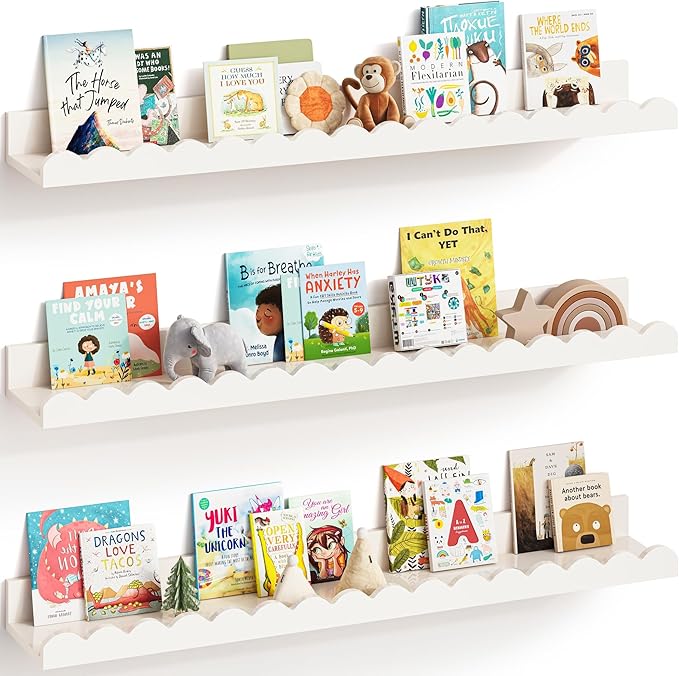 G&W Gruwald Nursery Book Shelves, Set of 3, Nursery Decor for Baby and Toddler, Scalloped Shelves, Book Shelf for Kids Rooms, Wall Book Shelf for Bedroom Kids (White, 36 Inches)