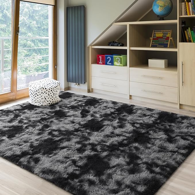 BENRON Fluffy Rugs for Living Room 5x8 Tie-dye Black, Washable Large Area Rugs for Bedroom Dining Table Office Kids Nursery Room, Washable Indoor Floor Carpets