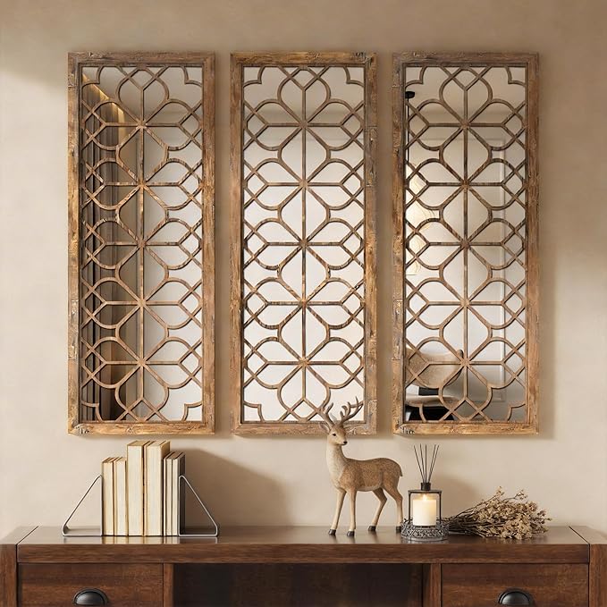 Set of 2 16x41.5 Inch Large Carved Floral Wood Frame Wall Mirrors, Shatterproof Boho Farmhouse Rustic Accent Mirrors for Living Room, Bedroom, Bathroom, Entryway & Home Wall Decor （Redbrown）