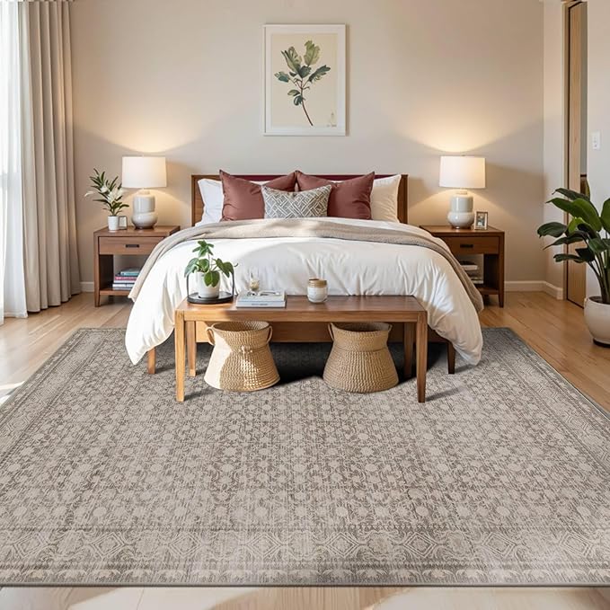 Rugxara 6x9 Washable Area Rug for Living Room, Vintage Large Boho Rugs for Office, Dining Room, Kids Room, Farmhouse, Durable Low Pile Non Slip Carpet for High Traffic Areas, Apricot