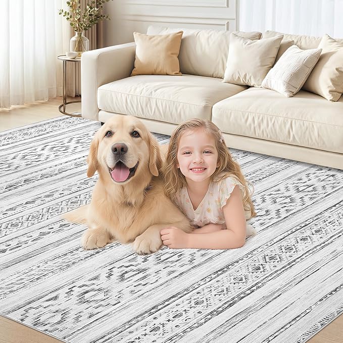 cotiled 10x12 Area Rug Living Room: Washable Boho Rugs with Non Slip Backing Large Soft Indoor Stain Resistant Carpet for Bedroom Farmhouse Dining Room Lightweight Home Decor Cream Grey